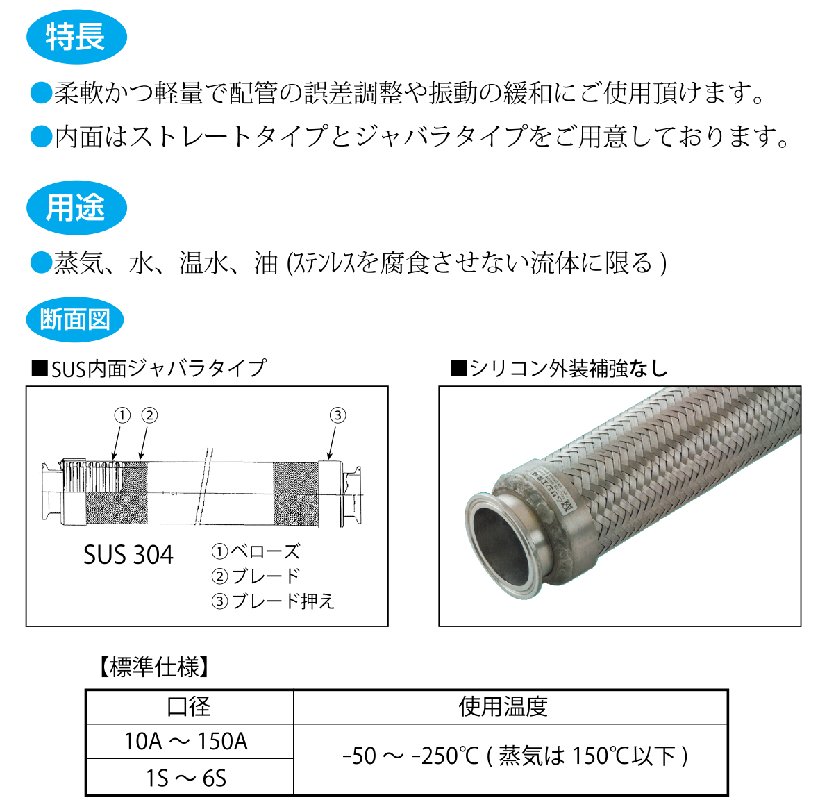 シリコンブレードホース　耐ステンレスフレキシブルホース（蒸気用）熱ワイヤー入り