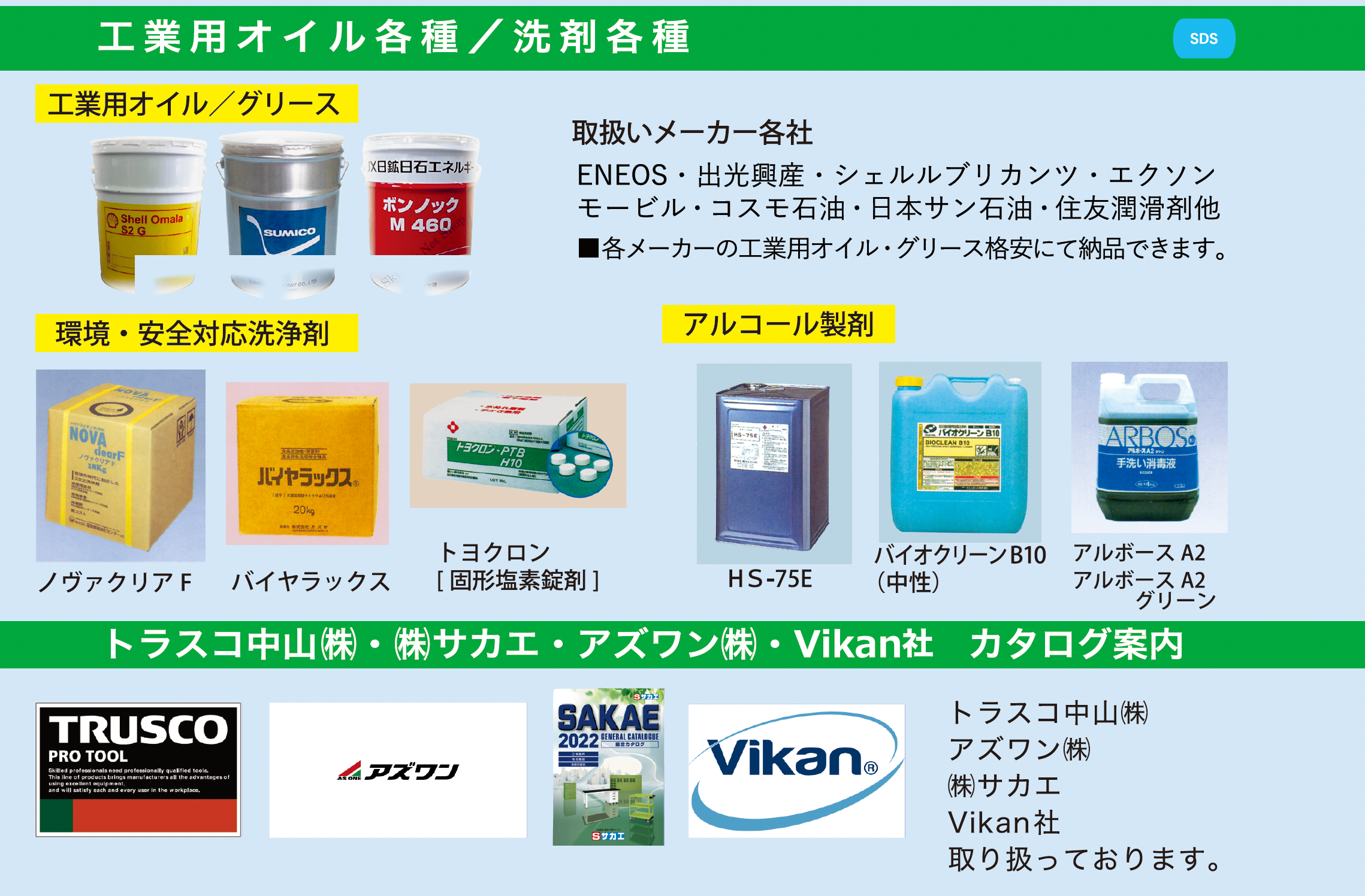 工業用オイル各種/洗剤各種、トラスコ中山(株)・サカエ(株)アズワン（株）カタログ案内、Vikan社製品